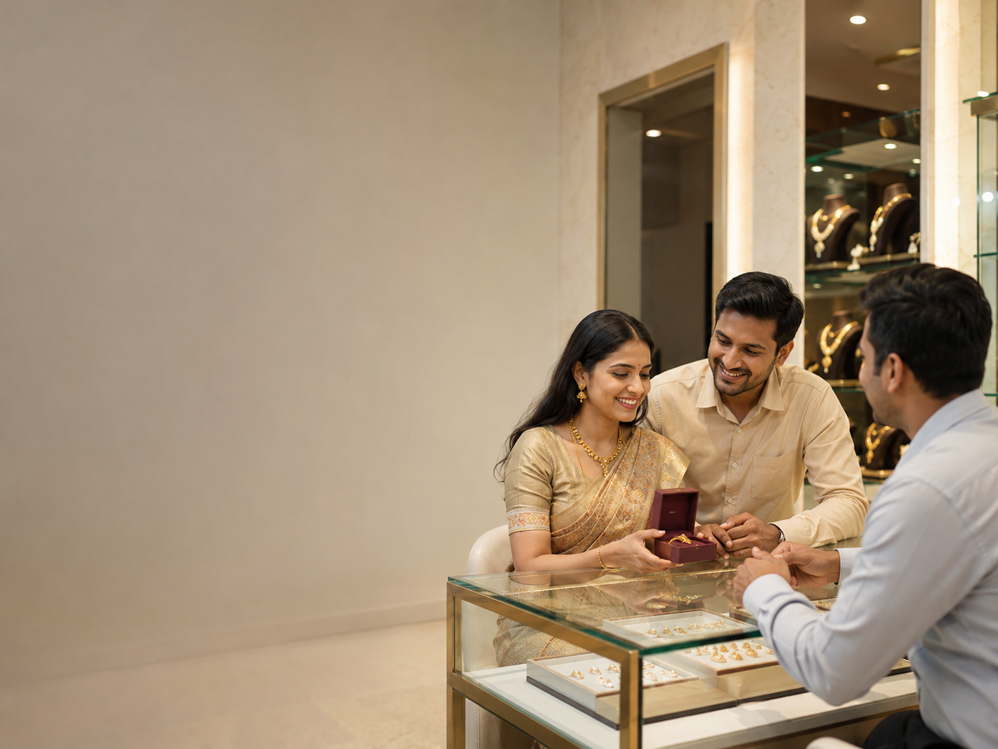 Indian couple discussing a gold loan in a jewellery showroom