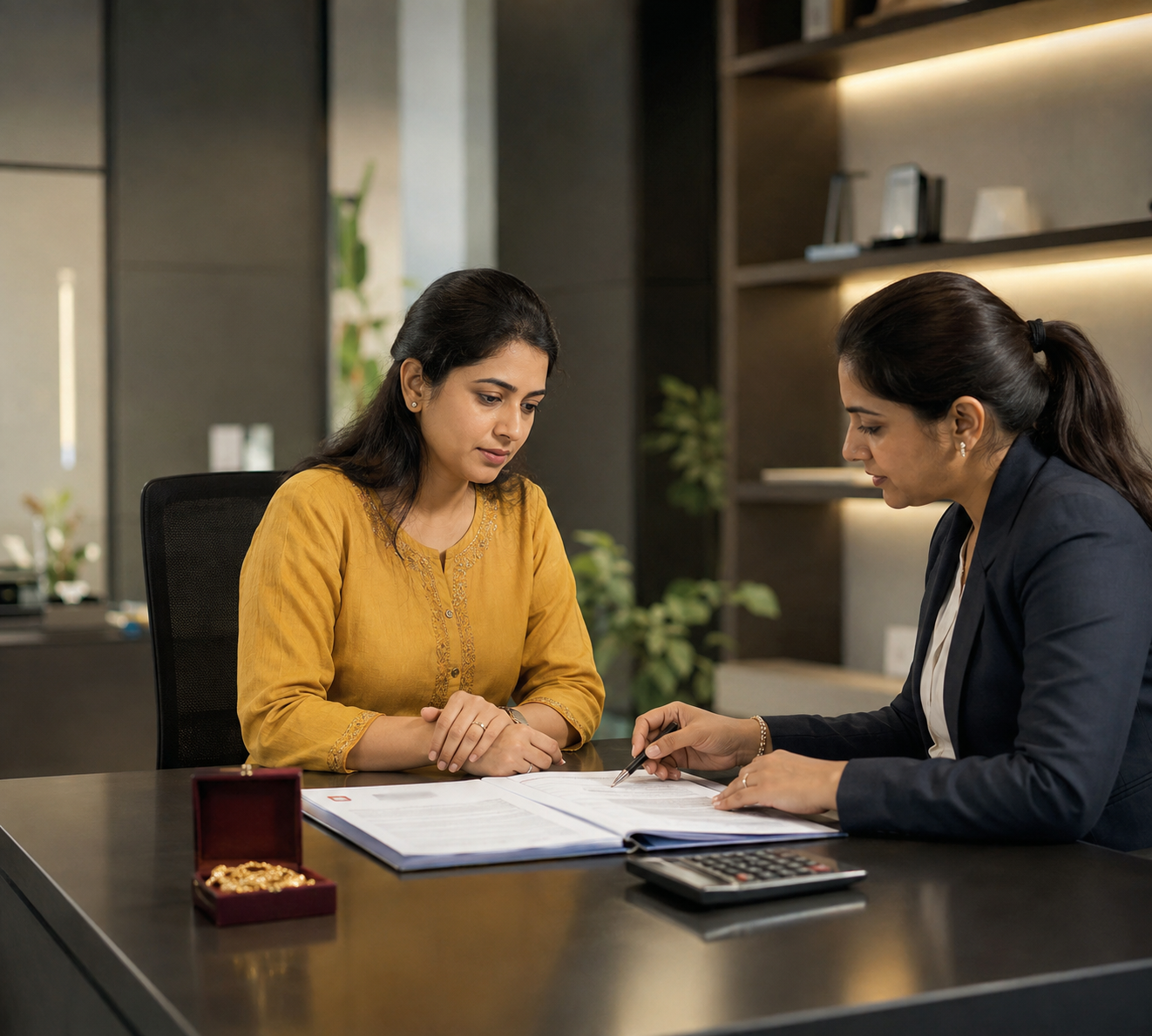 Indian woman discussing gold loan repayment with a financial advisor