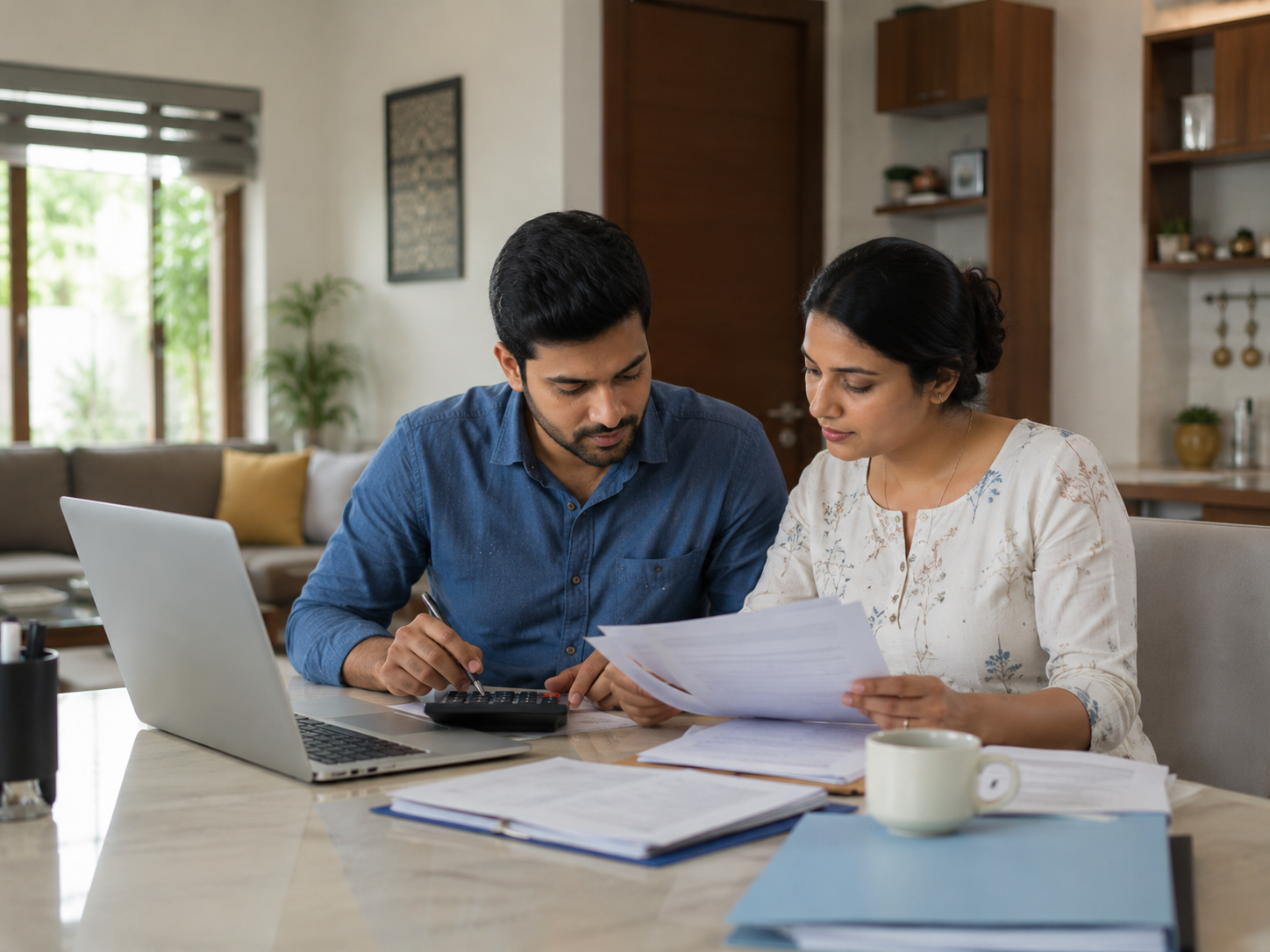 Indian couple reviewing financial documents before a home loan application